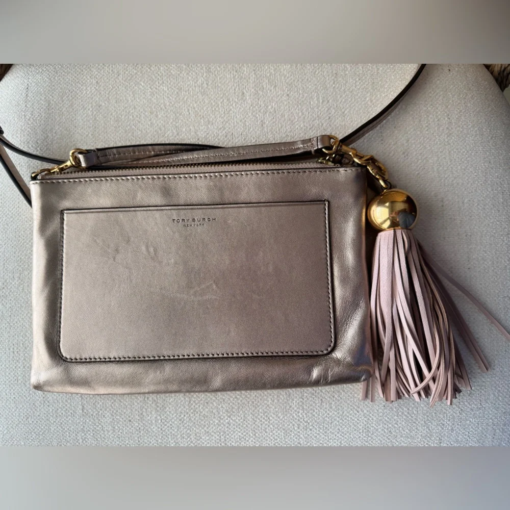 Tory Burch Elegant Metallic Rose Crossbody Bag